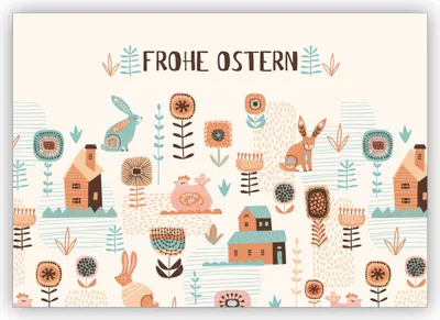 Produktbild von Lustige Retro Osterkarte mit folklore Osterhasen und Eiern: frohe Ostern