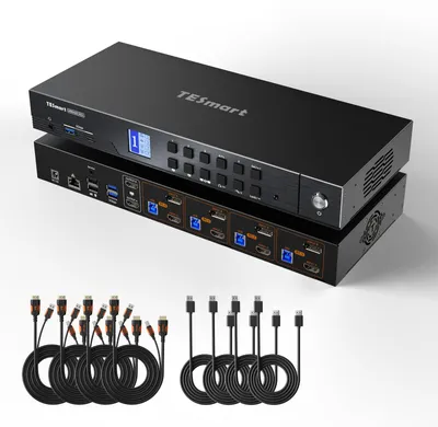 Zdjęcie produktu dla Przełącznik KVM obsługujący 2 monitory, 4 komputery, z wyjściem DisplayPort 8K@60Hz i HDMI