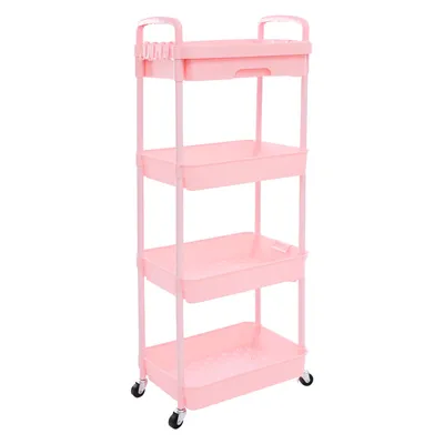 Image de chariot à roulettes 4 niveaux Chariot multifonctionnel Rose Chariot de rangement Chariot d'organisation pour cuisine, salle de bain, salon