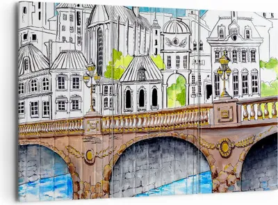 Produktbild von Bild auf Leinwand - Leinwandbild - Frankreich brücke zeichnung - 165x110cm - Wand Bild - Wanddeko - Leinwanddruck - Bilder - Kunstdruck - Wanddekoration - Leinwand bilder - Wandkunst - CE165x110-2826