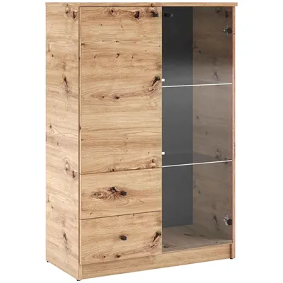 A wooden vitrine with glass doors and shelves, standing on a white background.