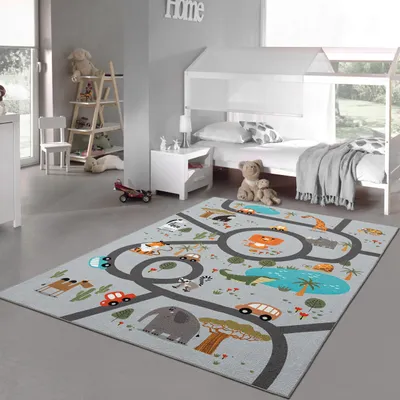 Produktbild von Kinderteppich Safari rutschfest waschbar grau Spielteppich Straßenteppich Größe - 240 x 340 cm