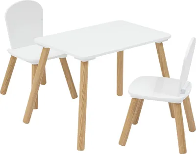 A white children's table and two chairs with natural wood legs, set against a white background.