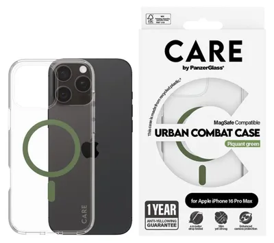 Zdjęcie produktu dla PanzerGlass CARE™ by ® Urban Combat Case Transparent w. Green MagSafe iPhone 16 Pro Max, Pokrowiec, Apple, Apple - iPhone 16 Pro Max, Przezroczysty
