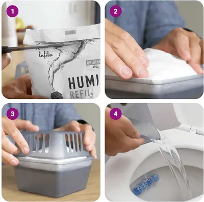 Collage of four images showing the steps to refill a humidifier.
