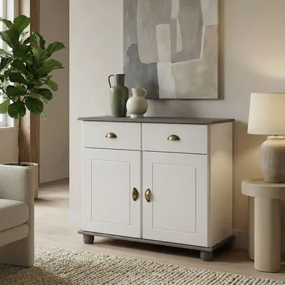 Produktbild von Kommode COLMAR, Kiefer massiv weiß/taupe mit 2 Schubladen und 2 Türen inklusive 1 Einlegeboden