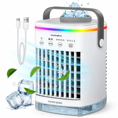 Image de Vulpes Goods Mini-climatiseur, climatiseur mobile, refroidisseur d'air 4 en 1, 4 vitesses de vent, 2 modes d'humidification, minuterie, anti-fuite, Image générée par une IA