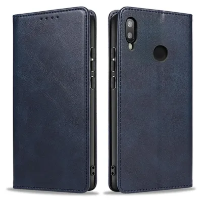 A blue flip cover phone case is shown from two angles.