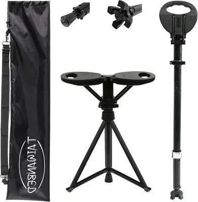 Immagine prodotto di Bastone da passeggio con sedile - Bastone pieghevole - Ideale per viaggi all'aperto - Altezza regolabile - Fino a 95 cm - Colore: nero