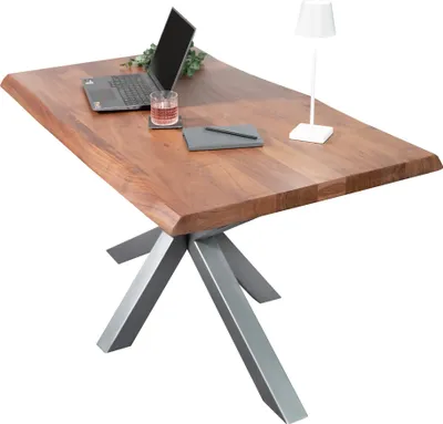 Produktbild von Esstisch Baumkante massiv Akazie Nussbaum 160 x 85 Spider-Gestell silber CALI