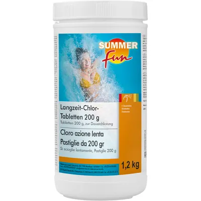 A white plastic tub of pool chlorine tablets with a label featuring a person splashing in water.