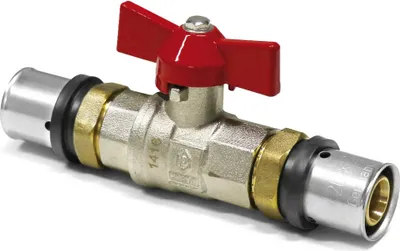 Produktbild von Pipetec Press- Heizungs-Kugelhahn Alu-Verbundrohr 16 x 2 mm Flügelgriff rot, inkl. beigl. Hebelgriff : 16 x 2 mm  Größe: 16 x 2 mm