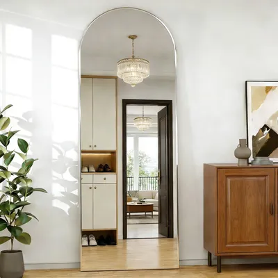 Image de Miroir mural pleine longueur, dimensions 162 x 53 cm, cadre en aluminium argenté incurvé, à suspendre ou à poser