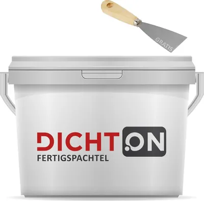 Produktbild von Fertigspachtel 10kg weiß mit Spachtel - Feinspachtel 2in1 Flächenspachtel, Füllspachtel für Putz, Gips, Beton, Holz - Spachtelmasse superglatt, wasserfest, rissfrei © DICHTON D.50W