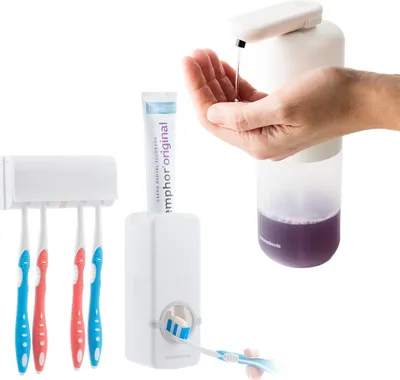 Immagine prodotto di Confezione dispenser dentifricio con portaspazzolino e dispenser automatico ricaricabile per sapone liquido InnovaGoods