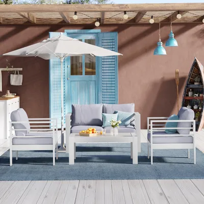Produktbild von MeXo Gartenmöbelset, Loungeset Aluminium für 3-4 Personen mit Kissen und Couchtisch Indoor Outdoor Balkon weiß (Sitzgruppe, Aluminiumrahmen)