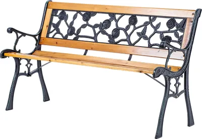 Image de Banc de jardin - Banc public - 127 cm - Lattes en bois avec dossier - Parties latérales en fonte avec motif rose - Pour l'extérieur