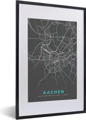 Produktbild von MuchoWow® Gerahmtes Poster Stadtplan - Aachen - Deutschland - Karte 40x60 cm - Poster mit Schwarzem Bilderrahmen Wandposter Rahmen Foto Bilder - Poster in Rahmen