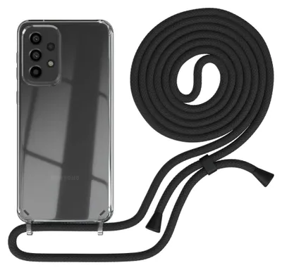 A clear phone case with a black lanyard is shown against a white background.