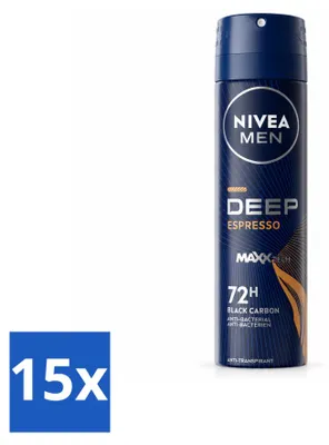Imagen del producto de 15 unidades de desodorante en spray NIVEA MEN, aroma Deep Espresso, 150 ml. Paquete económico