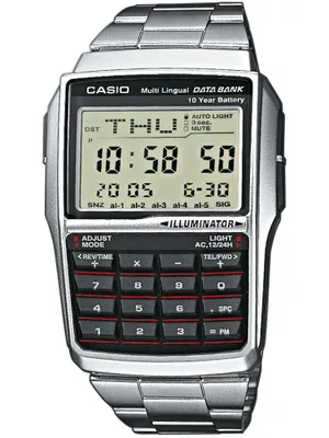 A silver Casio Databank calculator watch with a digital display and a metal band, shown from the front against a white background.
