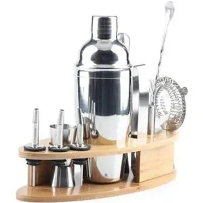 Productafbeelding van Recalma 12-delige Cocktailset RVS met Shaker, 9 Bartools & Bamboe Standaard