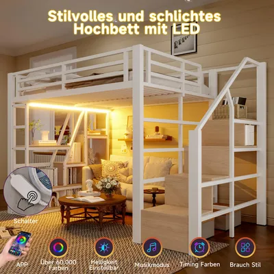 Produktbild von okwish Hochbett 140x200 Bettgestell Metallbett mit Eisenrahmen und integrierte Stufen,Jugendbett mit LED und Leiterschutz,ohne Matratze,Weiß