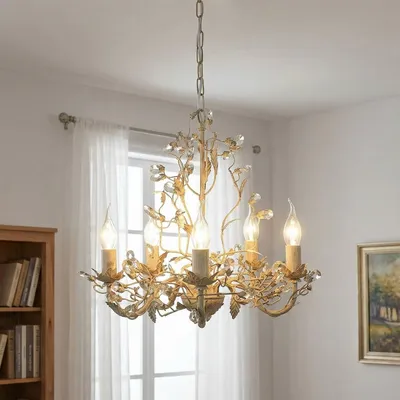 Produktbild von Kronleuchter Metall E14 50 cm breit H: max. 120 cm in Creme Gold Shabby Chic Lüster Hängelampe