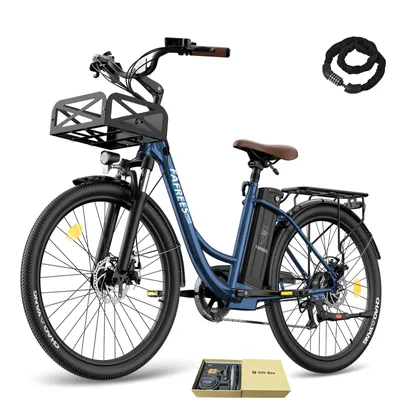 Produktbild von E-Bike 26" 158 - 198 cm Pannensichere Reifen 36 V 250 W bis zu 160 - 200 km Wasserdicht IP54 Citybike 250 W Shimano 7 Gang, Blau