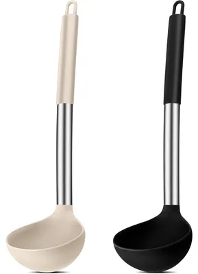 Zdjęcie produktu dla Zestaw dwóch silikonowych łyżek do zupy, 30 cm, czarny i khaki, z uchwytami ze stali nierdzewnej