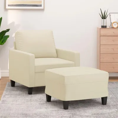 Produktbild von Cremefarbener Sessel mit Hocker, 60 cm, aus Kunstleder mit stabilem Metallgestell und Schaumstoffpolsterung für das Wohnzimmer