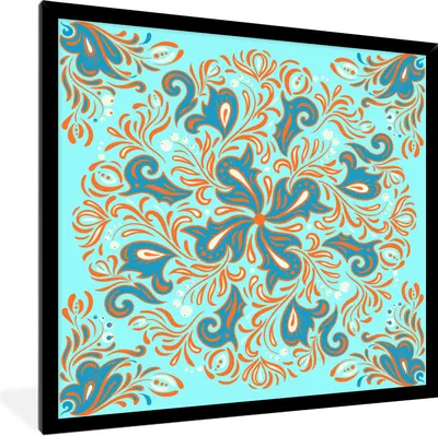 Produktbild von MuchoWow® Gerahmtes Poster Blume - Blätter - Blau - Orange 40x40 cm - Poster mit Schwarzem Bilderrahmen Wandposter Rahmen Foto Bilder - Mit Rahmen - Wanddekoration Schlafzimmer