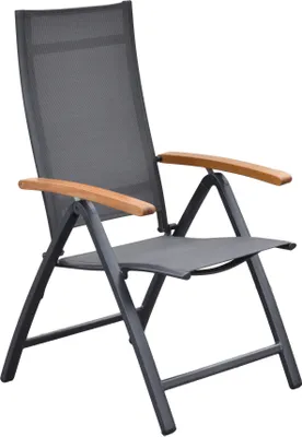 A single outdoor chair against a white background.