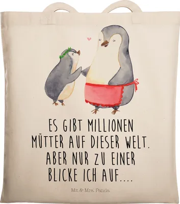 Produktbild von Mr. & Mrs. Panda totebag Pinguin mit Kind - Transparent - Geschenk, Mama, Muttertag, Laptoptasche, Stoffbeutel, Tragetasche, Mutter, Einkaufstasche, Familie, Vorbild
