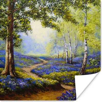 Produktbild von MuchoWow® Poster Gemälde - Natur - Wald - Blumen - Ölfarbe 50x50 cm - Wohnzimmerdekoration