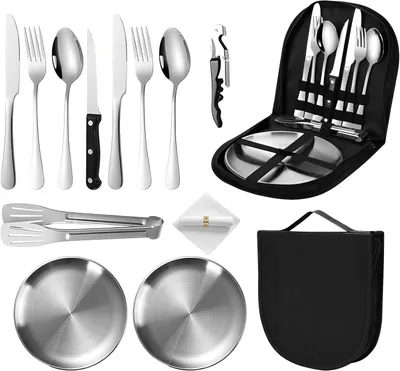 Produktbild von Campingbesteck Campinggeschirr-Set für 2 Personen, 13-teilig, tragbar, verdickter Edelstahl, Outdoor-Geschirr für Camping, Picknick (Silber)