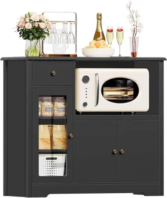 Immagine prodotto di Mobiletto da cucina con piano di lavoro, credenza da cucina con ripiano per microonde, mobiletto buffet con 1 cassetto e 3 ante, ripiani regolabili, adatto per cucina, sala da pranzo e soggiorno, colore nero