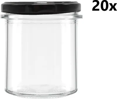Produktbild von Einmachgläser 350 ml STURZ / GERADE klar/transparent 20 Stück INKLUSIVE SCHWARZEN DECKELn, Anzahl der Teile in der Packung: 20
