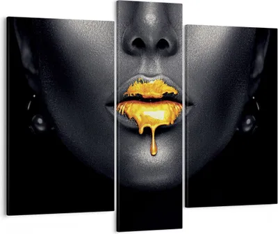 Produktbild von Bild auf Leinwand - Leinwandbild - 3 Teile - Gold Mund Schwarz - 95x80cm - Wand Bild - Wanddeko - Wandbilder - Leinwanddruck - Bilder - Wanddekoration - Leinwand bilder - Wandbild - CB95x80-4460