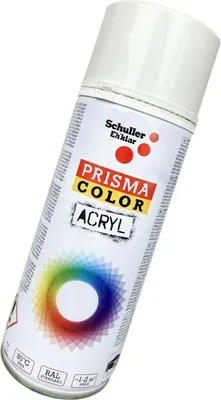 A spray can of white acrylic paint with a colorful spectrum graphic.