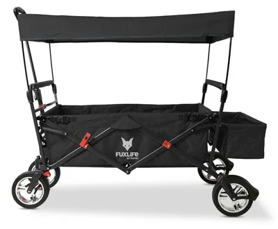 Produktbild von FUXLIFE by FUXTEC Bollerwagen FX-CT500 Schwarz - faltbar mit Sonnendach | gepolsterter Innenraum | kompakt klappbarer Handwagen mit Hecktasche Schwarz