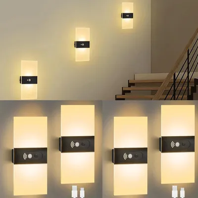 Produktbild von LED-Wandleuchten mit Bewegungssensor - Wandbeleuchtung - Wiederaufladbar - PIR-Sensor - 4er-Set - Warmweißes Licht 3300 K - Schwarz