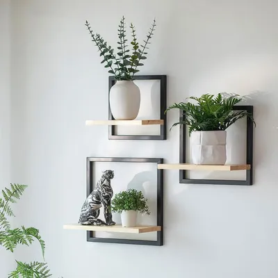 Produktbild von Wandregal 3er Set Holz Metall Schwarz Wohnzimmer Küche Bad Flur