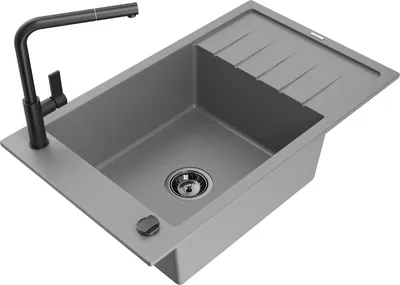 Produktbild von Mexen Elias 1 Becken-Granitspüle mit Abtropffläche und Mischbatterie Flora, Grau - 6511-71-670401-70-B