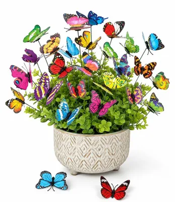 Produktbild von 30 Stück bunte Schmetterlinge Blumenstecker 7cm PVC wetterfest 6 Farben für Garten Deko