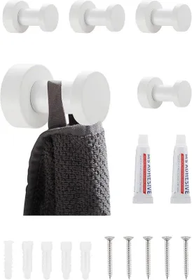 Productafbeelding van Wandhaken Set van 5 - Roestvrijstalen Handdoekhaken voor Badkamer & Keuken - Wit - Zelfklevend of Wandmontage - Ideaal voor Handdoeken, Kledi