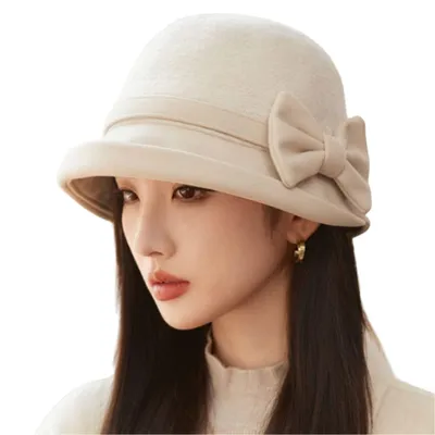 Produktbild von Damen Winter Fischerhut Vintage Elegant Bowler Hut Wollmütze mit Schleife, Weiß