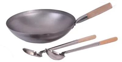 Produktbild von WOK SET, 36RB-K02-S04, Wok Pfanne 36 cm Ø runder Boden Kohlenstoffstahl + Kelle + Spathel Edelstahl mit Holzgriff, AAF Nommel ®