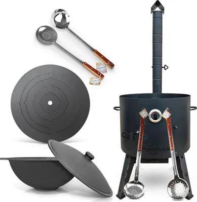 Produktbild von Utschak Uchag Feuerofen 49 cm Herdplatte 4mm Usbekische Kazan 22 L Schaumlöffel