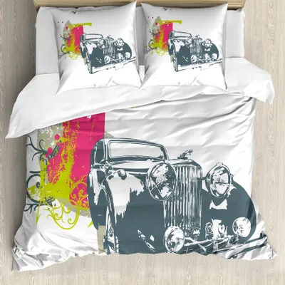 Produktbild von ABAKUHAUS Jahrgang Bettbezug, Retro Pop Classic Car, Milbensicher Allergiker geeignet mit Kissenbezügen, 155 cm x 220 cm - 80 x 80 cm, Lime Green Schiefer-Blau